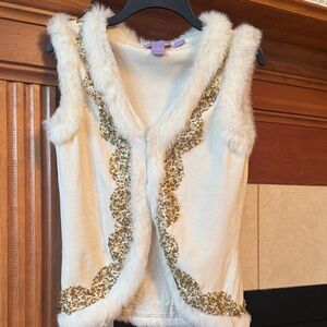 White Faux Fur Vest with Gold Sequins